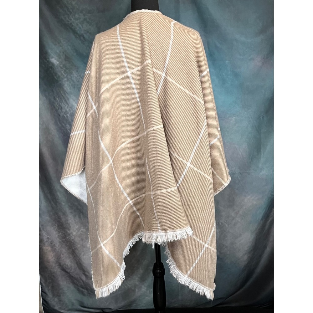 Banana Republic Tan Beige White Plaid Fringe Cape Shawl Wrap Poncho - Picture 6 of 7